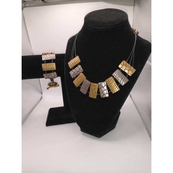 Chico's Gold & Silver Tone Animal Print Necklace/Bracelet with Leather Chain - Picture 3 of 13